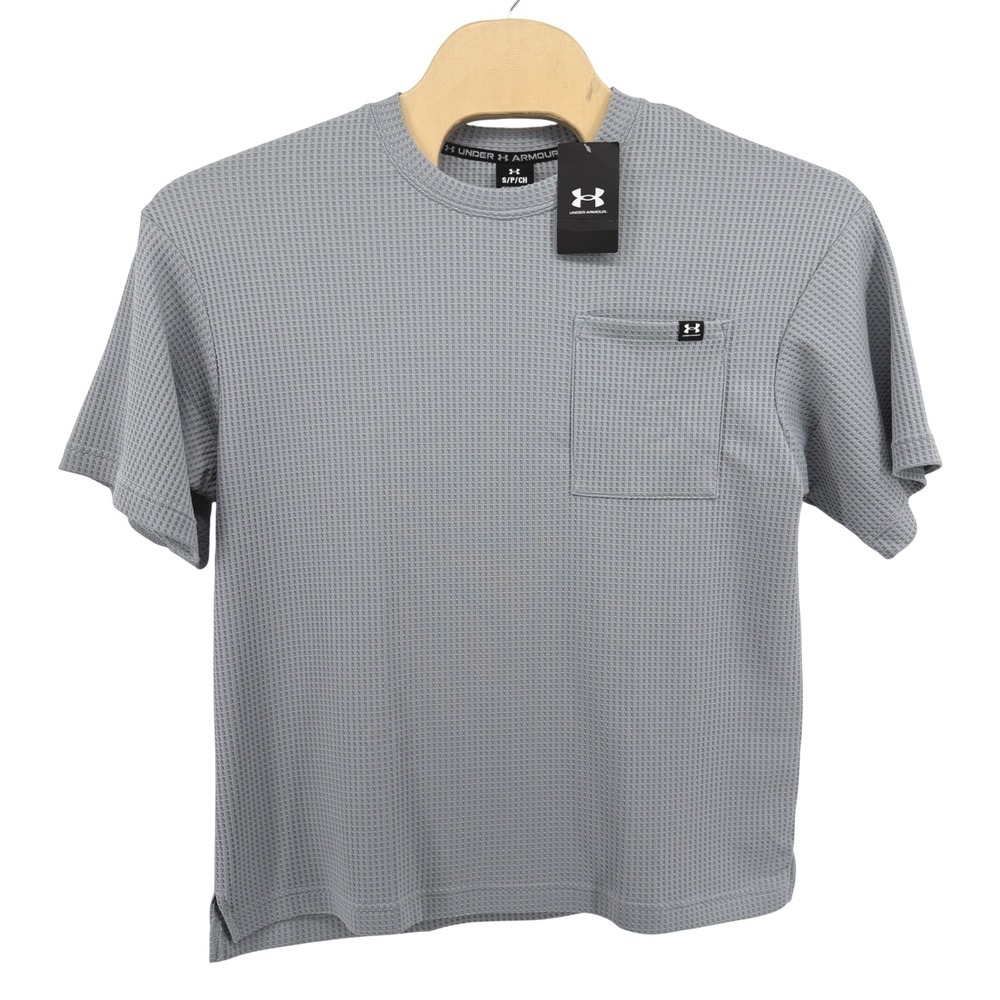NEW Under Armour Rival Waffle Crew Men Small Shirt Gray 1383106 Oversized Pocket